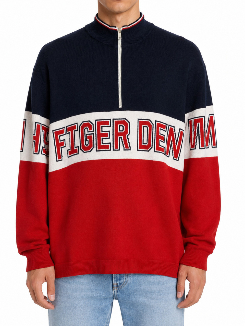 Vtg Tommy Hilfiger Denim Half Zip Sweater Mens Red White Blue Colorblock Knit- M